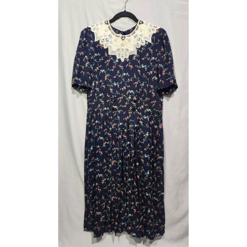Vtg Amanda Adams Floral‎ Long Cottagecore Pleated Dress W Button Details Sz 14